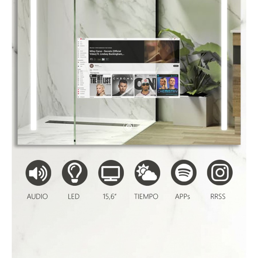 Espejo de baño  60x80cm Pantalla Táctil HD | Música, Apps y Luz LED