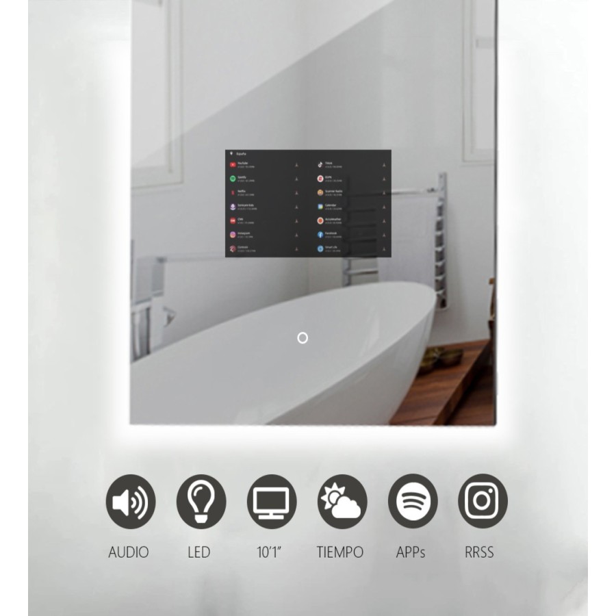 Miroir rétro-éclairé avec écran tactile HD - Vidéo et musique à une qualité maximale.