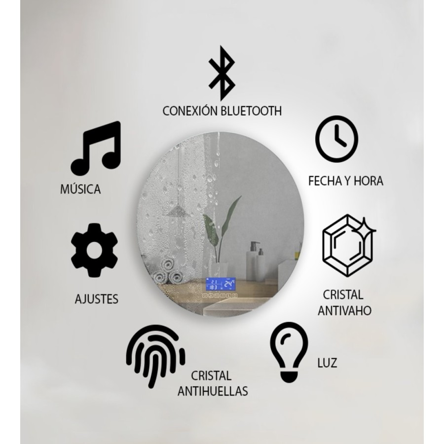 Espejo digital redondo K800 con LED y Bluetooth | VOGO
